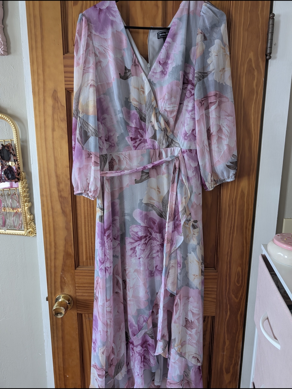 Jessica Howard Pink & Gray Floral Chiffon Wrap Maxi Dress
